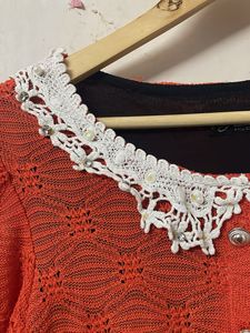 Orange Lace Collar Cardigan Dress