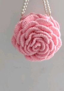 Chic Pink Rose Crochet Handbag with Pearl Strap