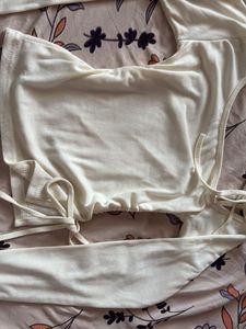 Cream Ruched Tie-Up Top