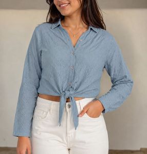 Blue Eyelet Tie-Front Shirt