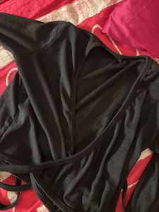 Black Ribbed tie up Wrap Crop Top