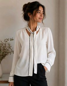 Chic White Pussybow Blouse with Black Trim