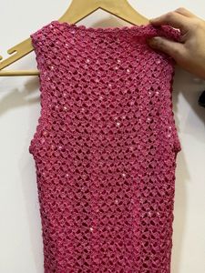 Magenta hand knitted sequins dress
