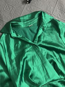 Elegant Green Satin Shirt Dress