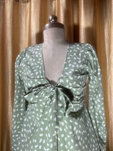 Green Floral Print Bow Detail Dress