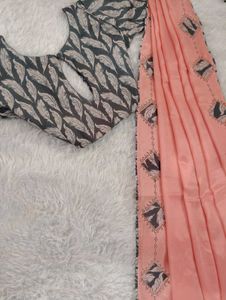 Elegant Peach Saree with Printed Designer Blouse