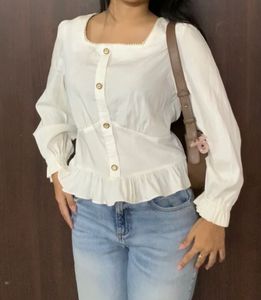 Chic White Button-Up Peplum Blouse