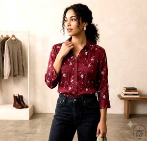 Maroon Floral Print Button-Up Top