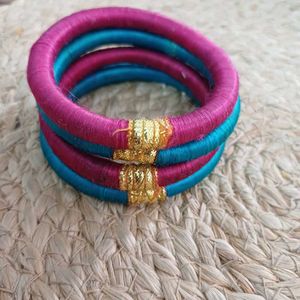 Set of 4 Silk Thread Bangles in Majenta n Blue