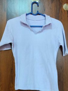 Ribbed Collared Short Sleeve Top