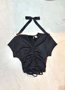 Black Ruched Tie Up Crop Top