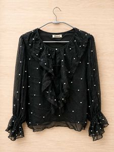 Chic Black Ruffle Pearl Blouse
