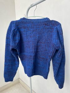 Blue Cable Knit Puff Sleeve Sweater