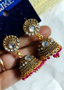 Gold Jhumka Earrings with Pink Beads