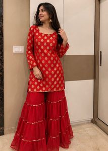 Elegant Red Kurta and sharara with Gold Print