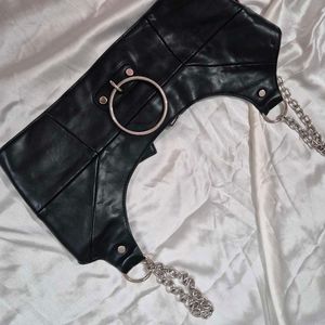 Edgy Black Faux Leather Chain Top / corset belt