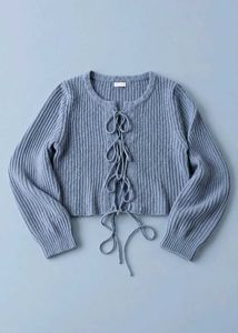 BLUE RIBBED LACE-UP CROPPED KNIT TOP