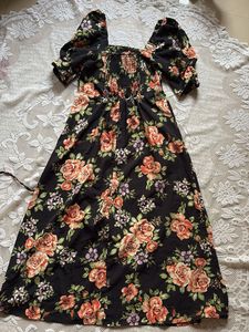 Black Floral Puff Sleeve Midi Dress