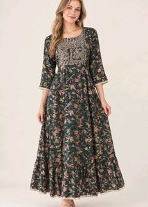 Elegant Floral Printed Anarkali Maxi Dress with Em