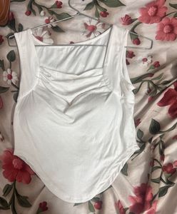 White Ruched Sleeveless Cotton Top