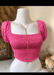 Pink Smocked Puff Sleeve Crop Top
