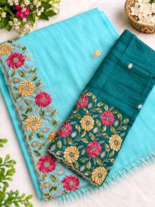 Stunning Blue Saree with Floral Embroidery