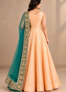 Women’s Peach Golden Embroidered Anarkali Gown wit