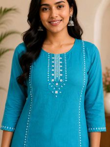 Cyan kurti with lace embroidery