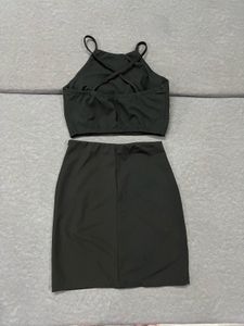Black Floral Patch Crop Top &amp; Skirt Set