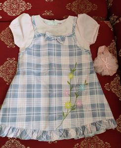 Elegant Un Used Soft Short Sleeve Baby Frock With Matching Head Band| 6m-12 m