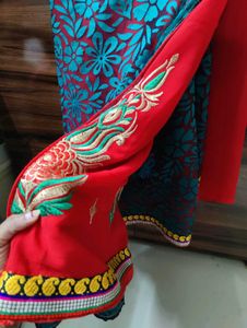 Embroidered Red & Teal Saree