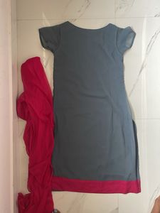 Grey and Pink Embroidered Kurta Set