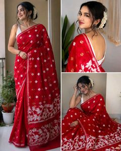 Red Saree with Gold & White Motifs