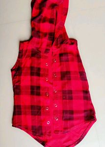 Red Plaid Sleeveless Hooded cotton jacket
