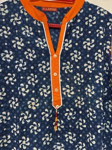 Blue Floral Kurti With Orange Design On Neck
