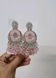 Pink Jhumka Earrings with Pearls