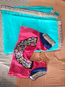 Beautiful Teal Saree with Embroidered Blouse
