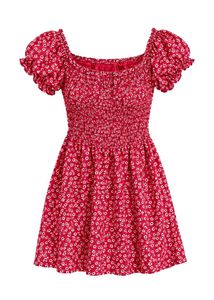 Red floral mini dress with a cute, feminine fit.