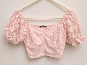 Sheer Lace Puff Sleeve Crop Top