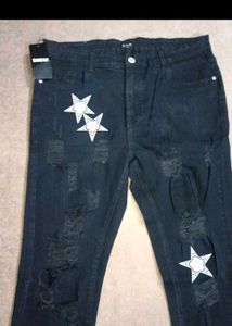 Black Distressed Jeans with Star Print