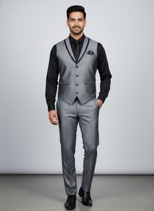 Men Grey Printed Vest 3 Piece Set