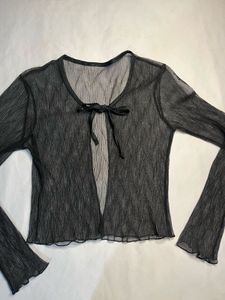 Sheer Black Tie-Front Long Sleeve Top