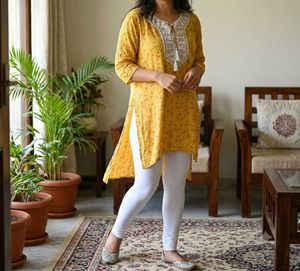 Yellow Floral Kurta with Embellished Neckline