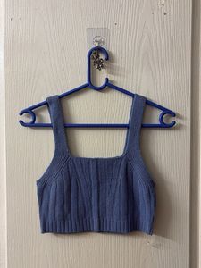 Blue Ribbed Square Neck Crop Top