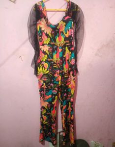Abstract Floral Jumpsuit with Mesh Sleeves