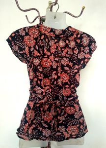 Navy Blue Floral Print Ruffled Wrap Top