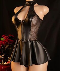 Black Faux Leather Halter Dress (lingerie)