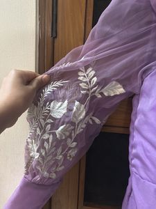 Lavender Organza Embroidered Puff Sleeve Blouse