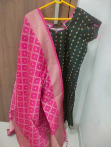 Diwali special Green Kurta With Pink Dupatta Set