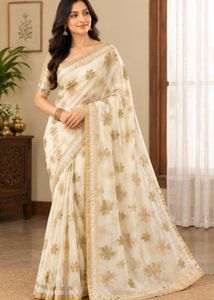 Elegant Ivory Gold Floral Organza Saree